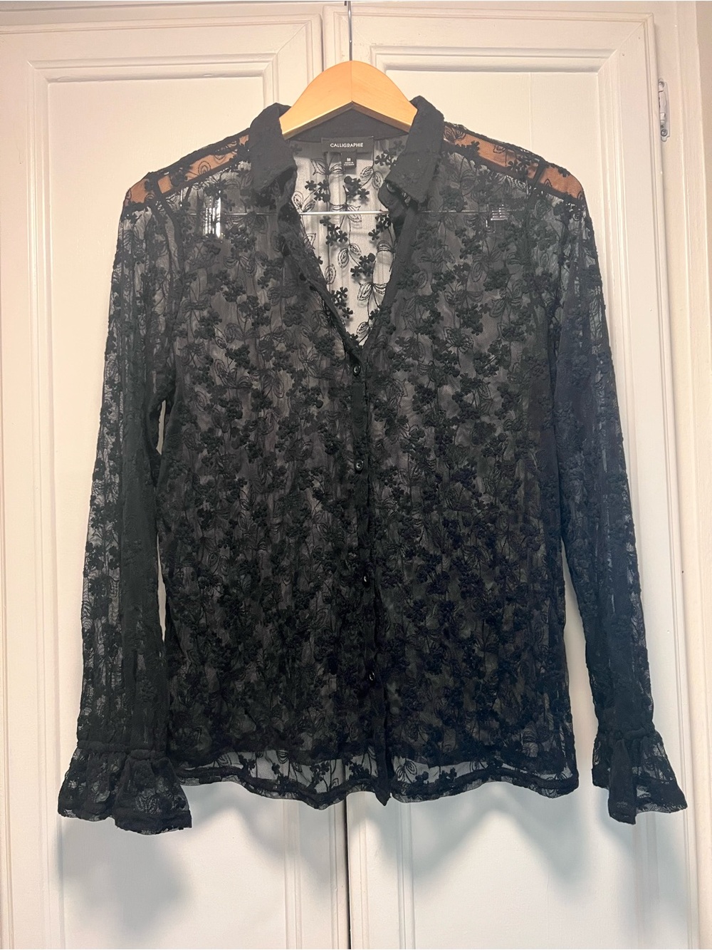 Calligraphie Black Floral Lace Ruffle Long Sleeve Button Shirt Festival Medium